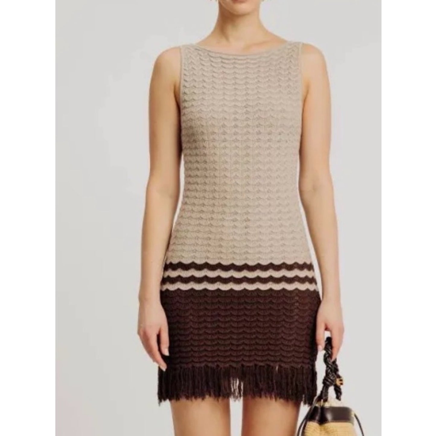 Torn by Ronny Kobo Sand & Cocoa Fringe Knit Dress Medium NWT Coastal Luxury