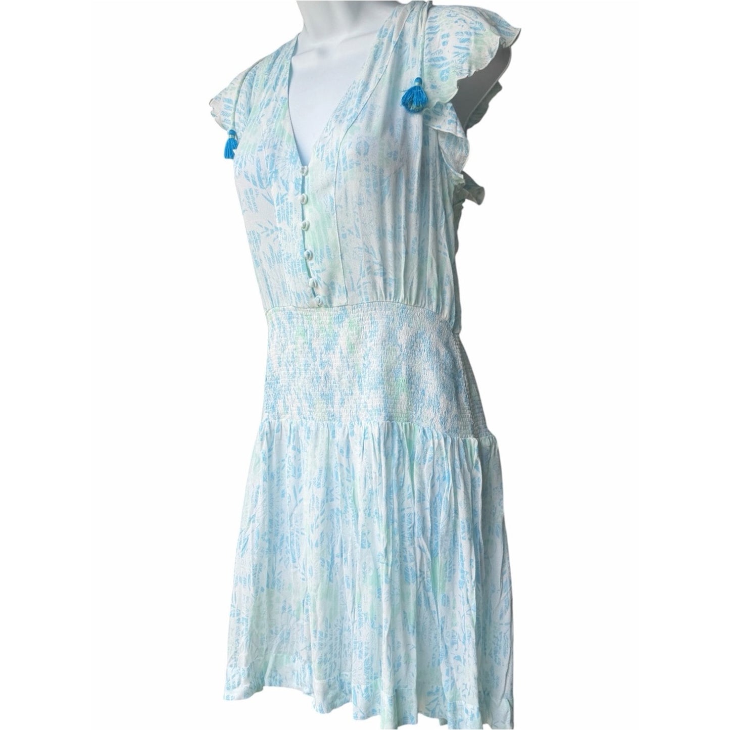 Poupette St Barth Rachel Smocked Mini Dress Sky Blue Breeze Blue Resort NWT L