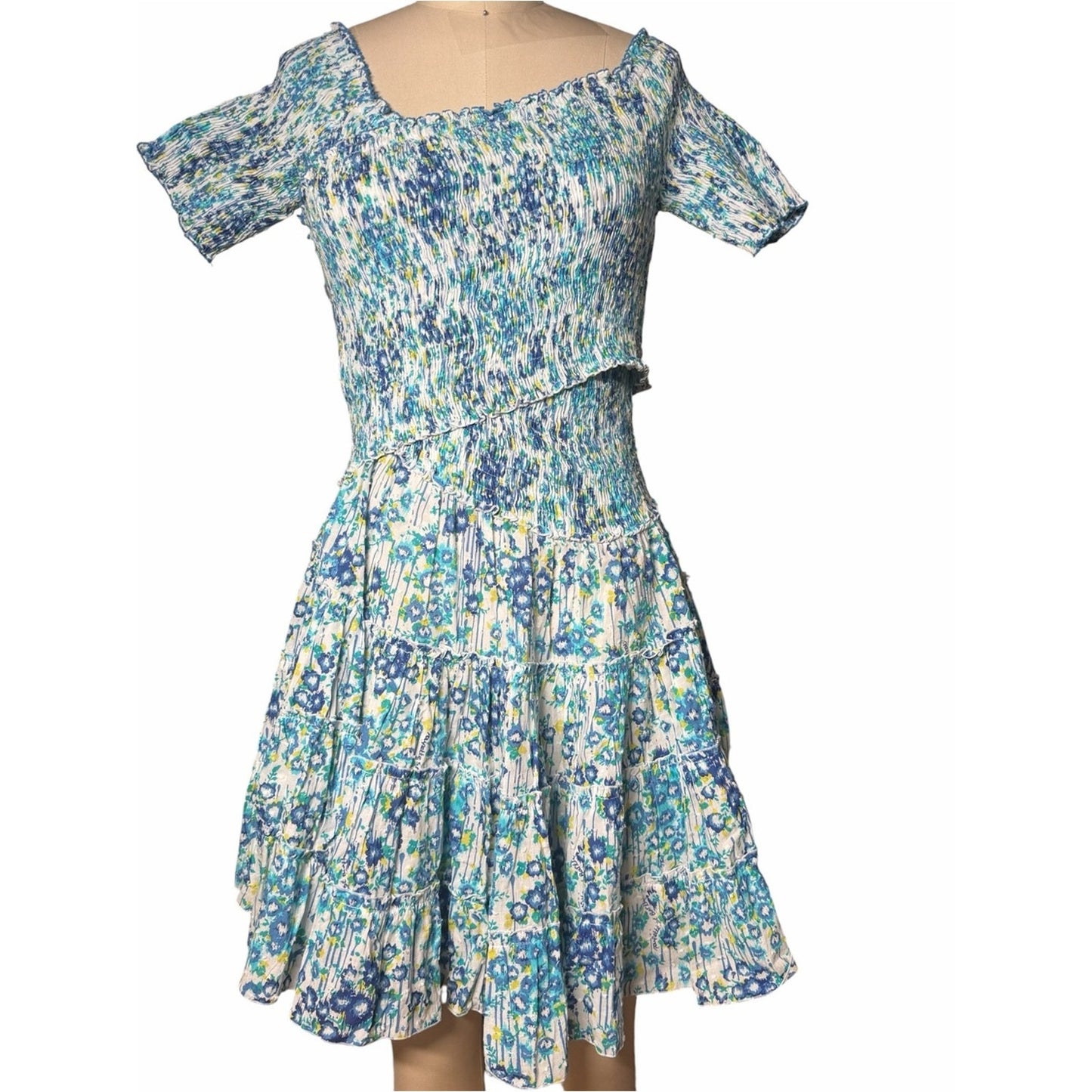 NWT Poupette St Barth Soledad Blue Aquarelle Cotton Plumeti Mini Dress M