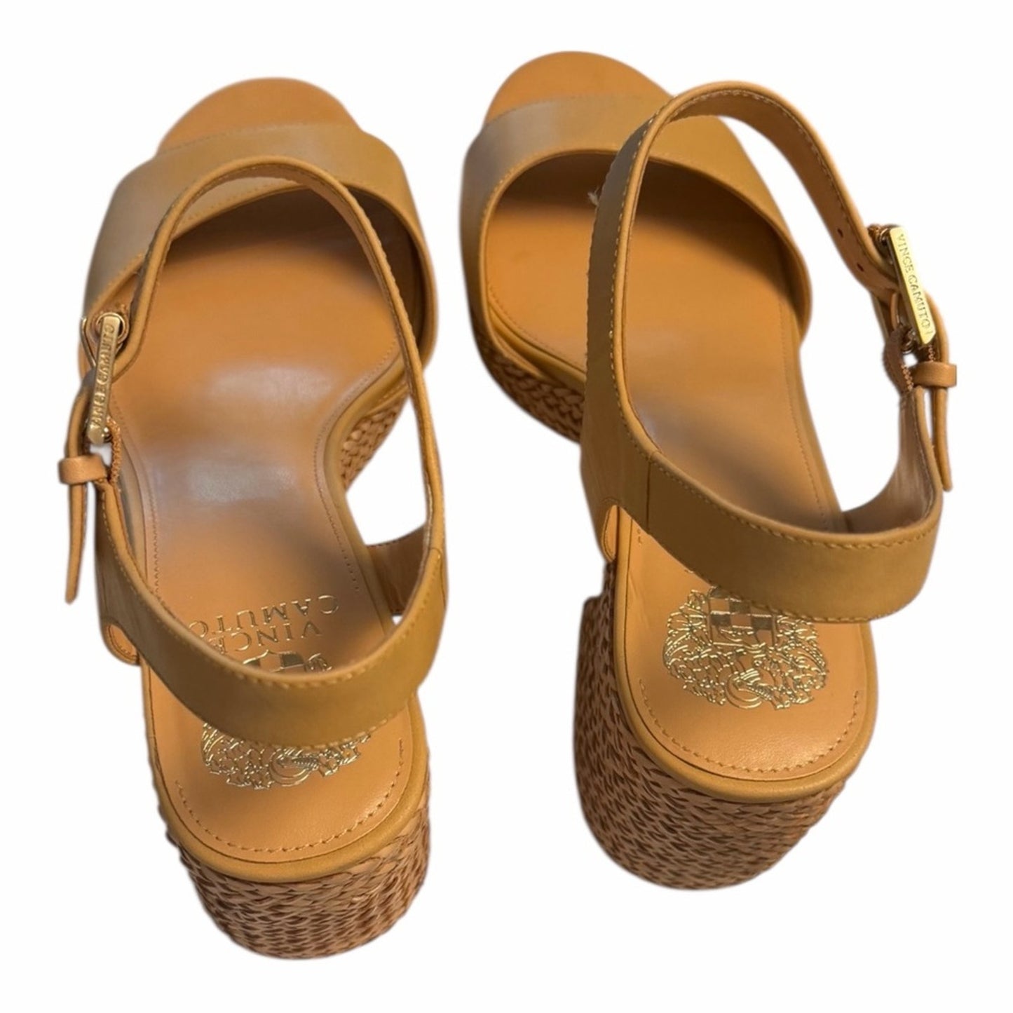 Vince Camuto Ranneli Platform Sandals 9.5 Sandstone Leather Woven Heel NIB