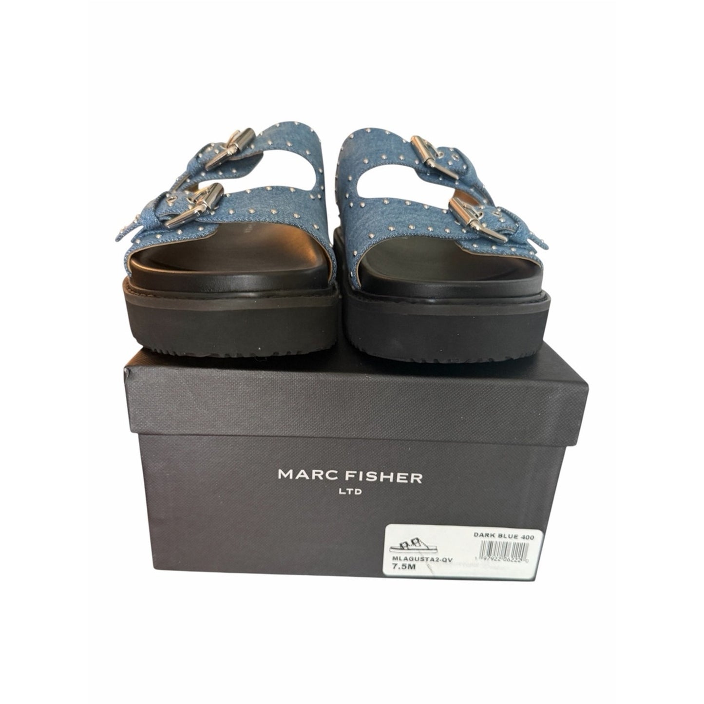 Marc Fisher LTD Agusta Denim Studded Slide Sandals Platform Blue 7.5 NIB