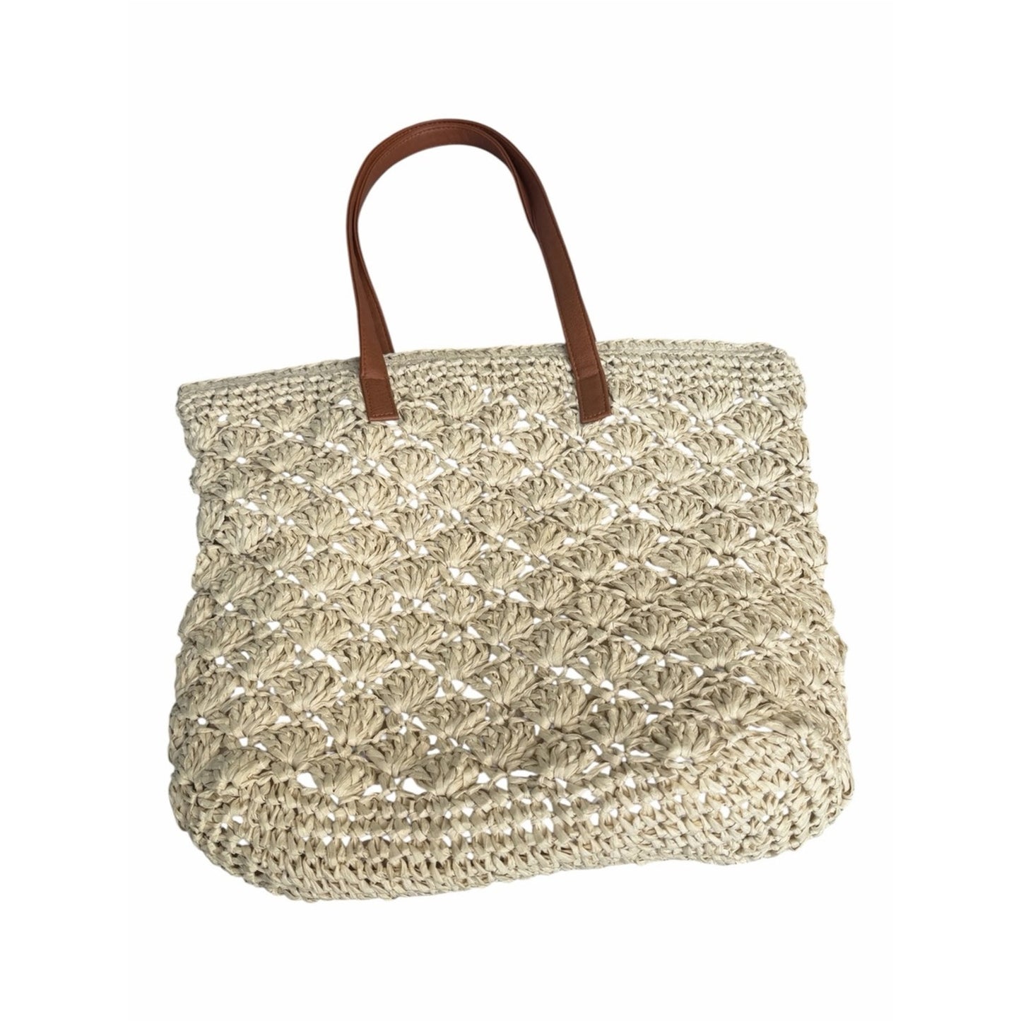 NWT BTB Los Angeles Raffia Woven Tote Bag Leather Straps Zip Top Beach Resort