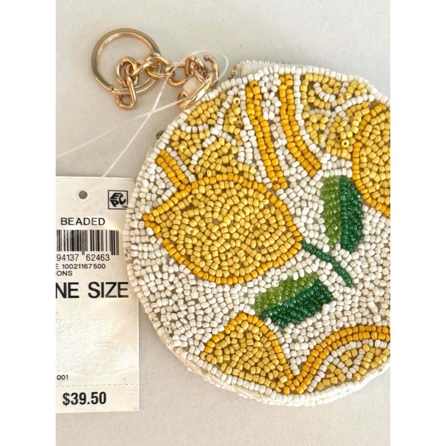 Beaded Lemon Coin Purse Round Zip Pouch Keychain Wristlet Style NWT Summer