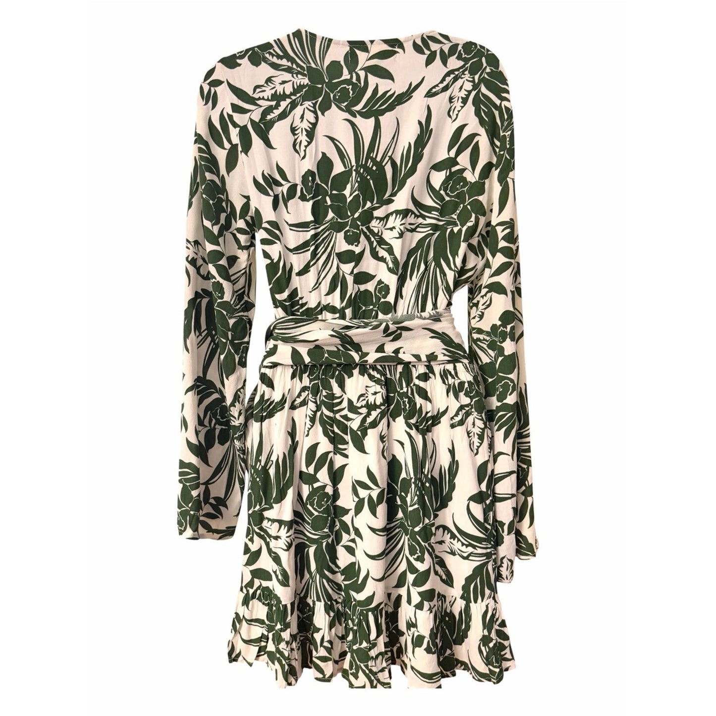 L*SPACE NWT Green Tropical Belted Mini Dress Medium Bell Sleeve Resort Vacation