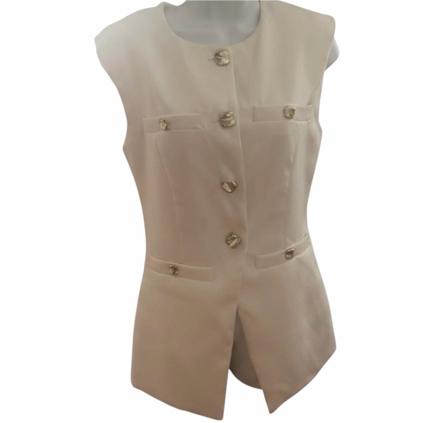 NWT Endless Rose Cream Tailored Long Vest Gold Button Blazer Vest Size Small