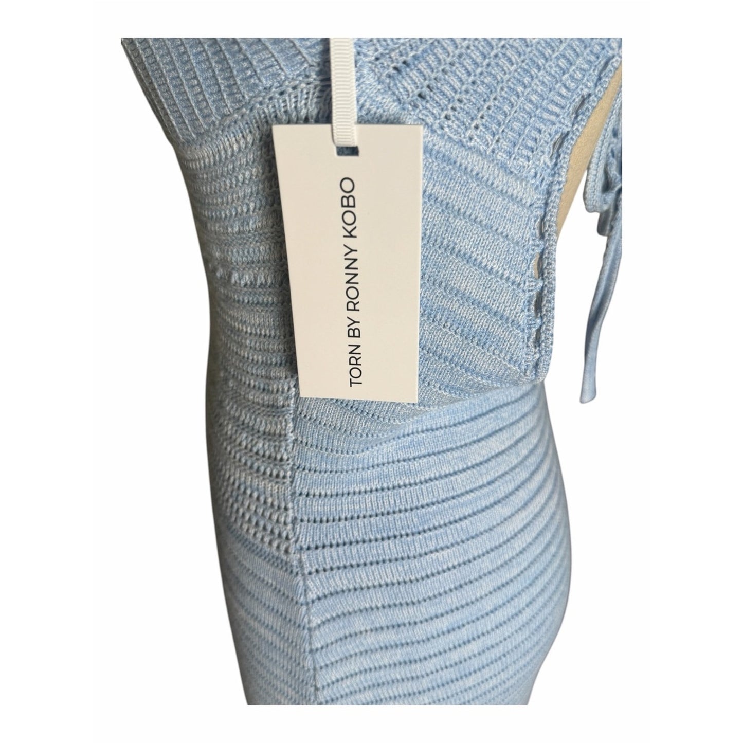 Torn by Ronny Kobo Madi Crochet Knit Maxi Dress Light Sky / White NWT Size L