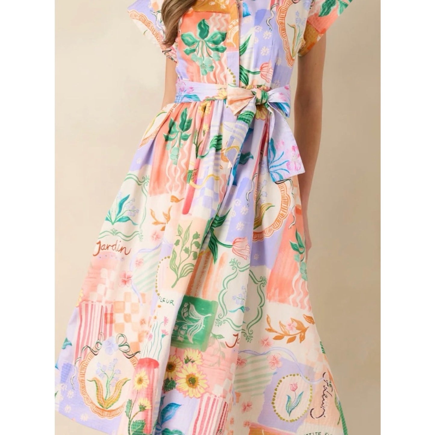 Prosperina Savannah Peach Multi Floral Cotton Midi Shirt Dress NWT M