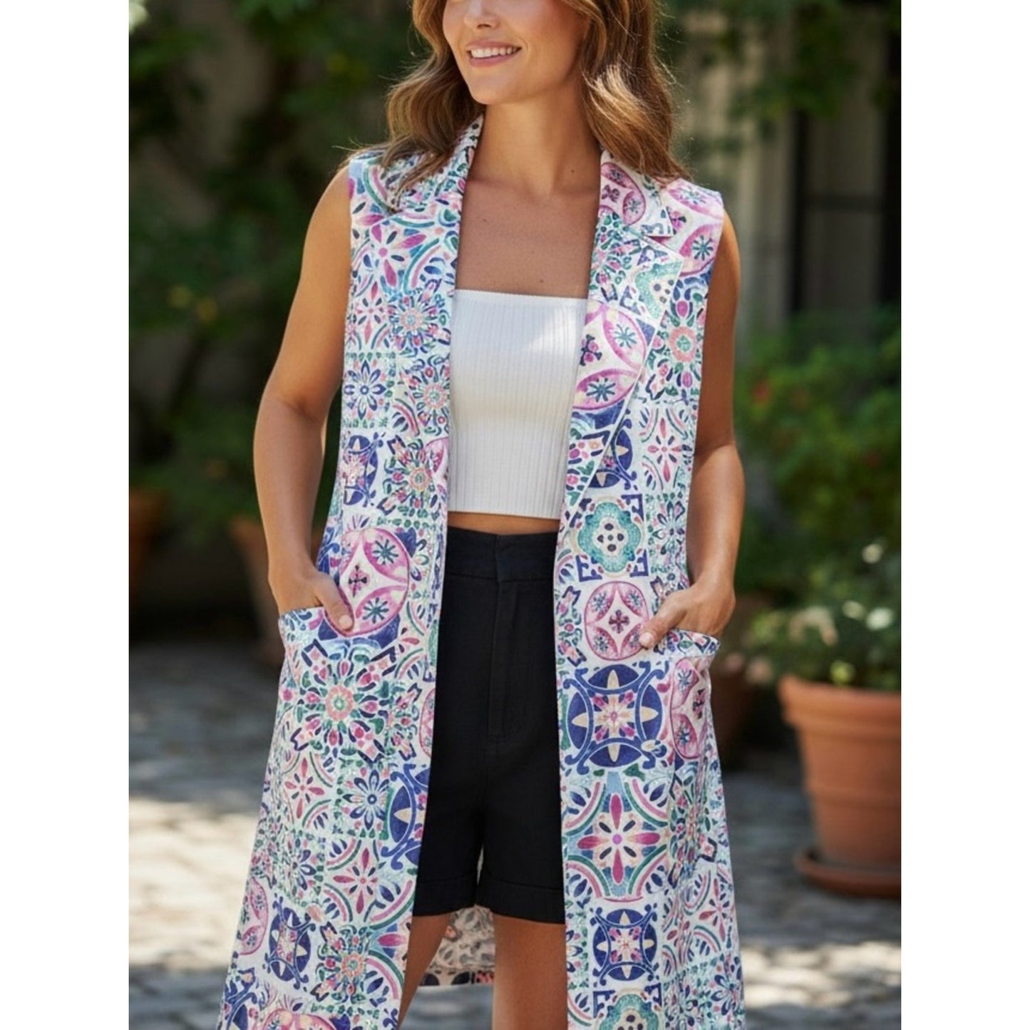 Hermoza Martina Dress NWT Large Mosaico Tile Print Sleeveless Blazer Vest Dress