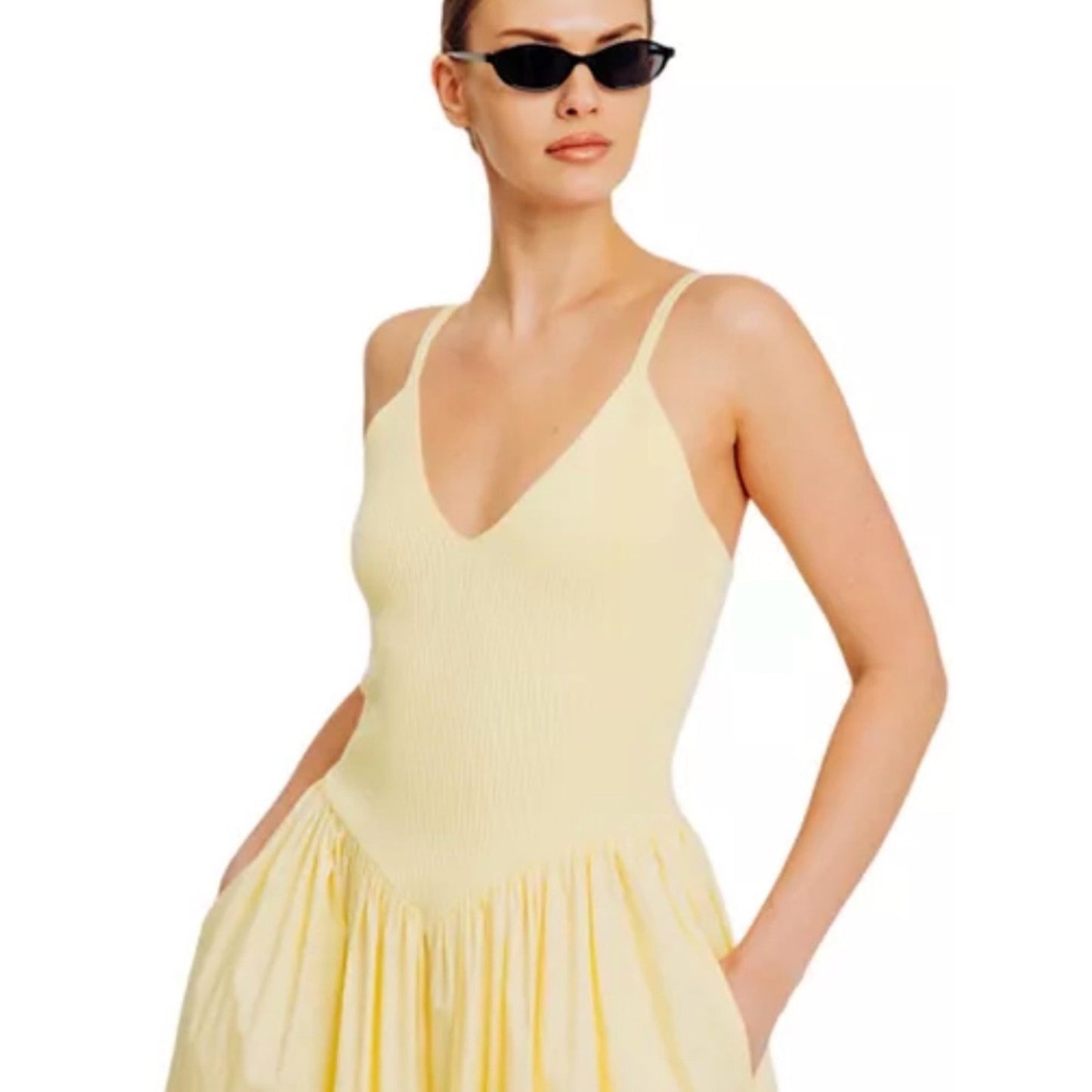 Torn by Ronny Kobo Monica Dress Lemon Butter Rib Knit Poplin Midi Dress NWT Size M