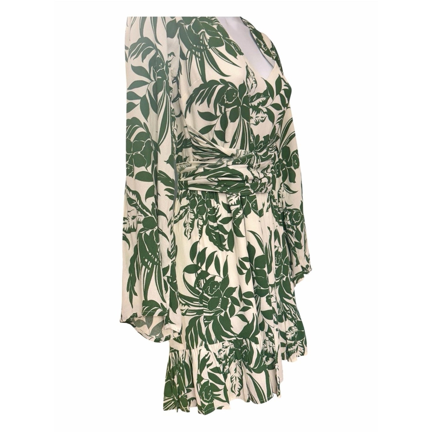 L*SPACE NWT Green Tropical Belted Mini Dress Medium Bell Sleeve Resort Vacation