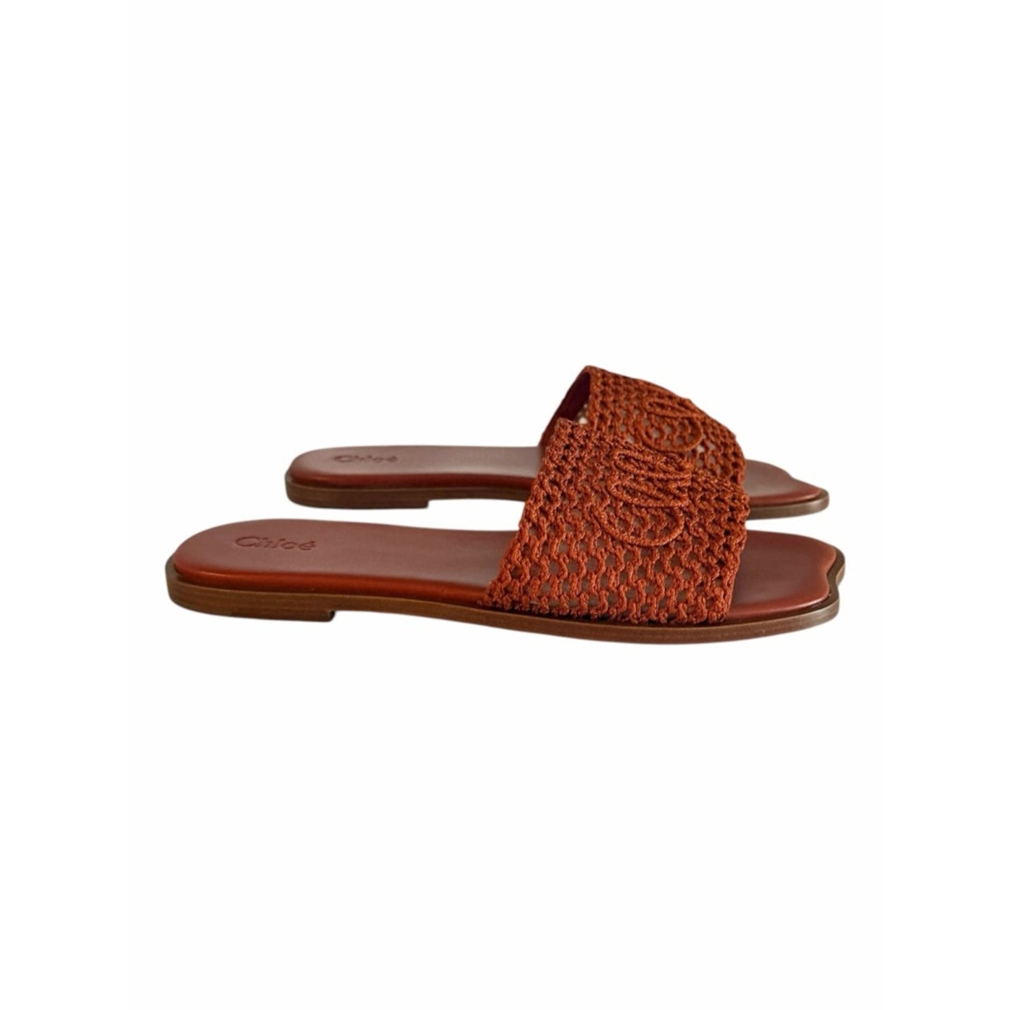 Chloé Flower Leather Crochet Logo Slide Sandals 37.5 / US 7.5 Rust Brown New