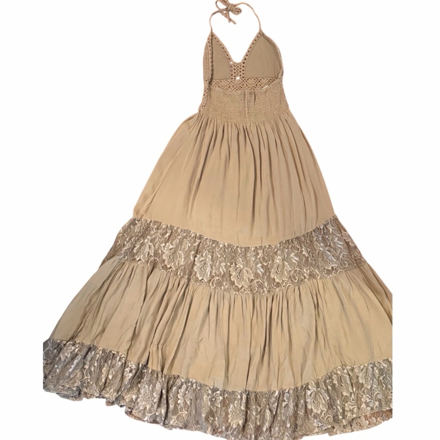 Tiare Hawaii Isabel Macrame Maxi Dress Crochet Halter Lace Boho Resort NWT S/M