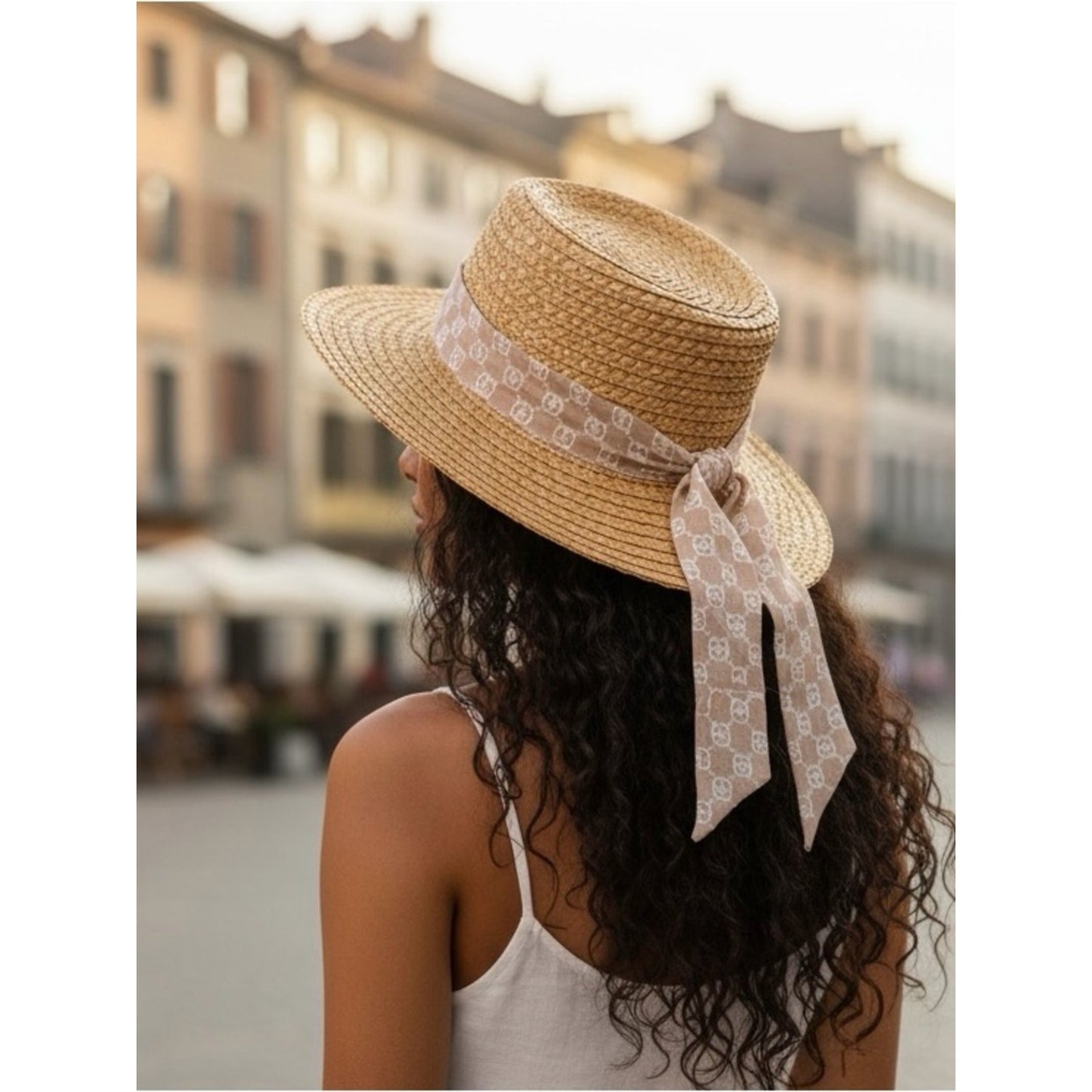 Gianni Bernini Straw Boater Hat NWT Camel Ribbon Resort Coastal Chic