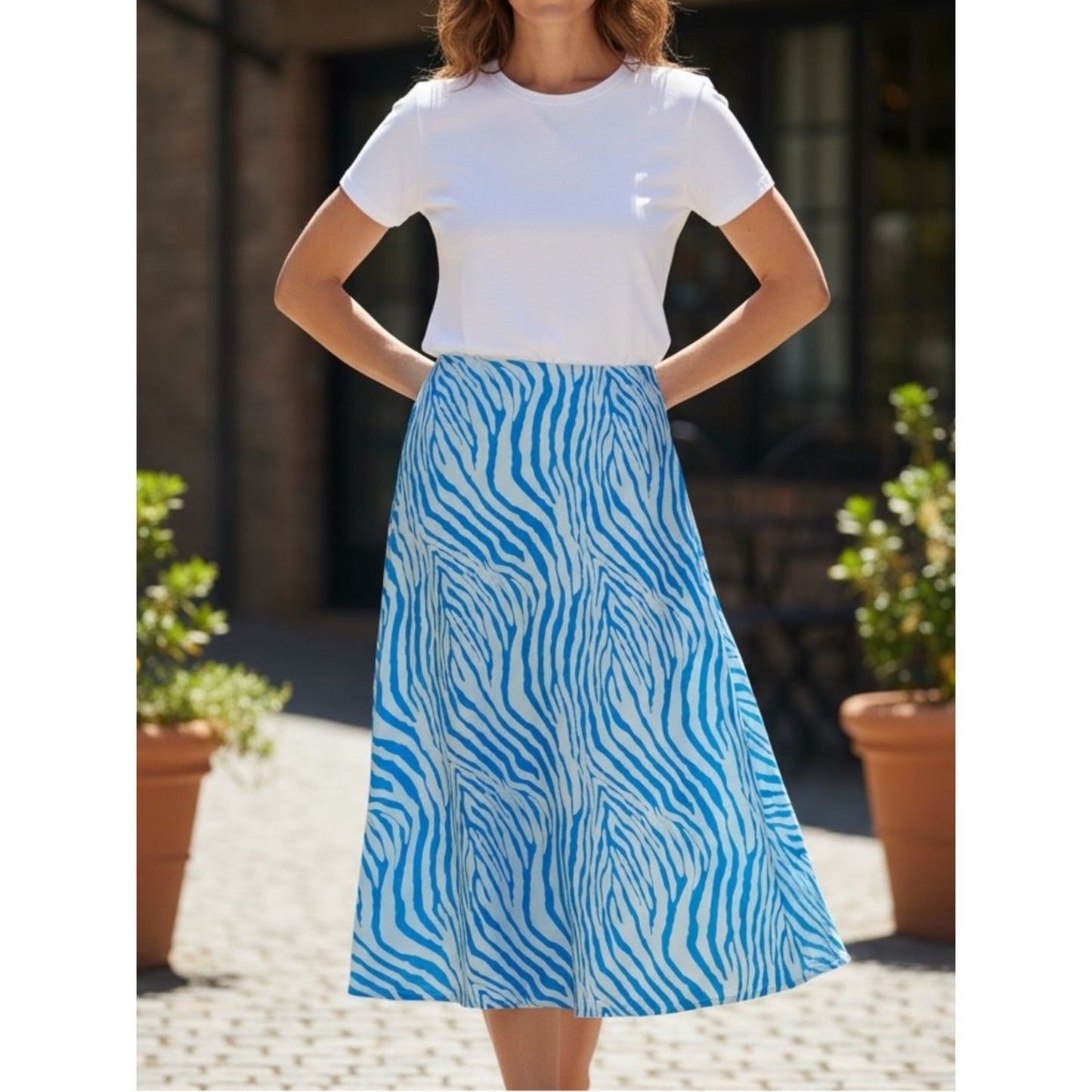 NWT Blue Ivory Zebra Print Midi Skirt Size M Coastal Resort Vacation Style