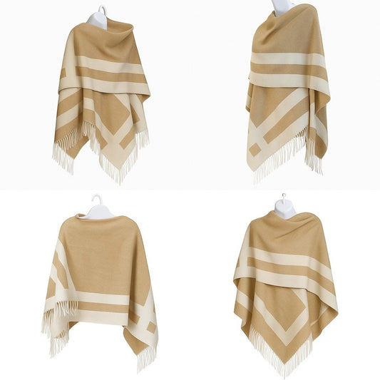 NWT Ted Baker Veruschka Reversible Poncho Wrap Camel Ivory Fringe OS