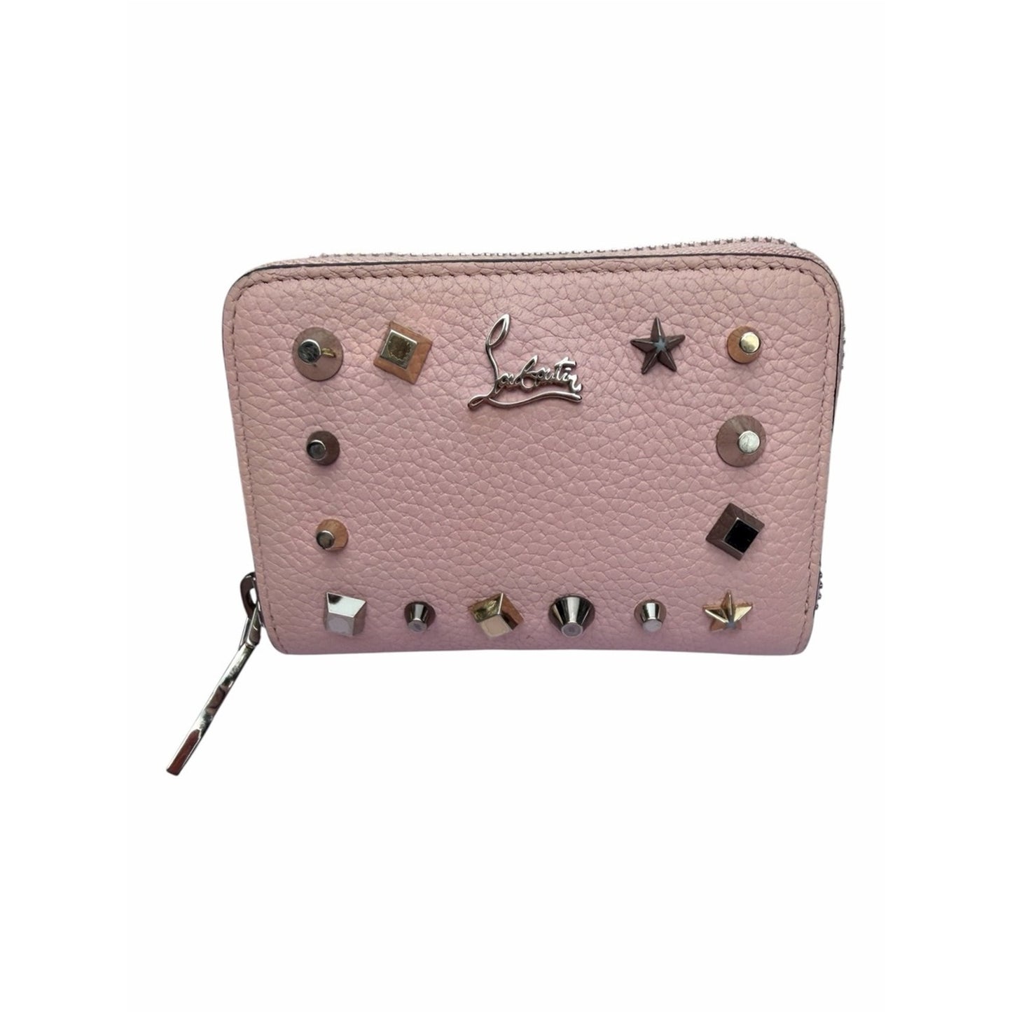 Christian Louboutin Blush Pink Studded Zip Around Coin Card Wallet W/Red Charm