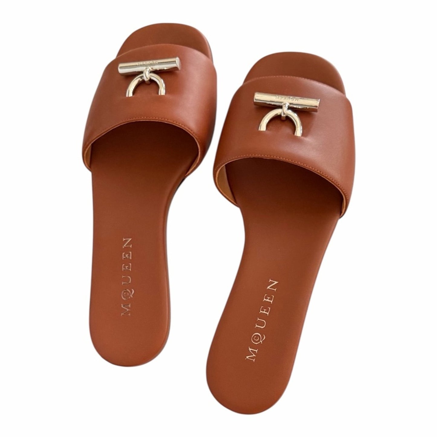 Alexander McQueen T Leather Cognac W/ Gold hardware Slide Sandals Size 38