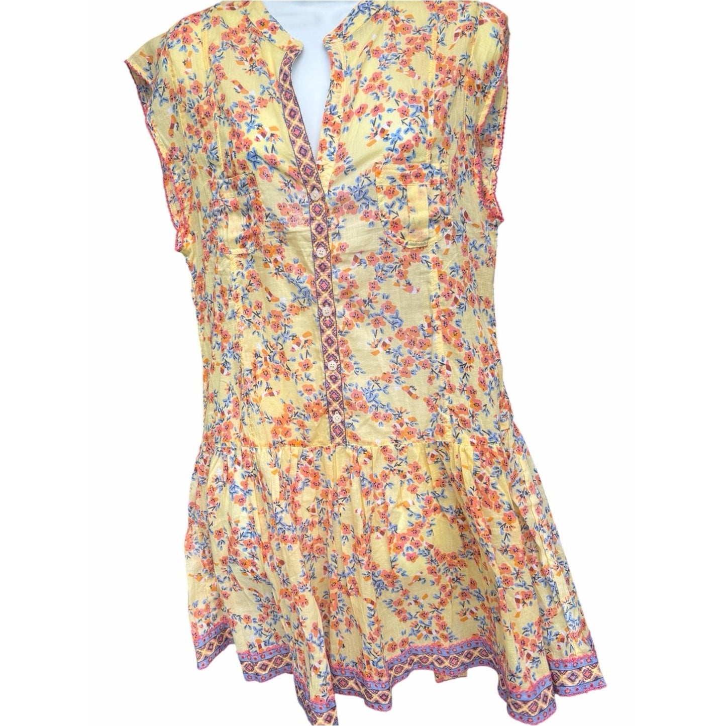 Poupette St. Barth Amora Drop Waist Cotton Mini Dress NWT Yellow Kookoo Bird M
