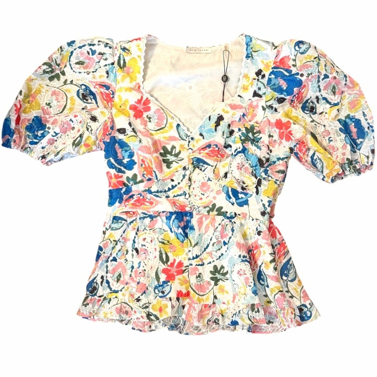 Elie Tahari Romantic Floral Eyelet Peplum Puff Sleeve Designer Top NWT Size 10