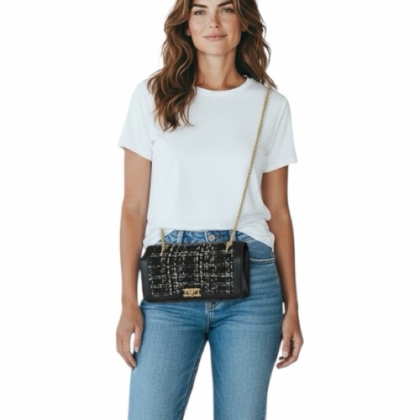 Badgley Mischka Wool Tweed Frame Crossbody Bag Black NWT