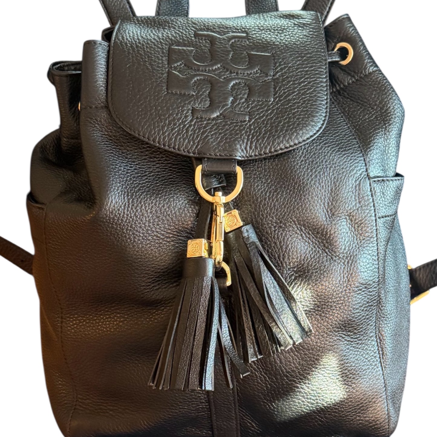 Tory Burch Large Black Pebbled Leather Drawstring Backpack - Gold Hardware