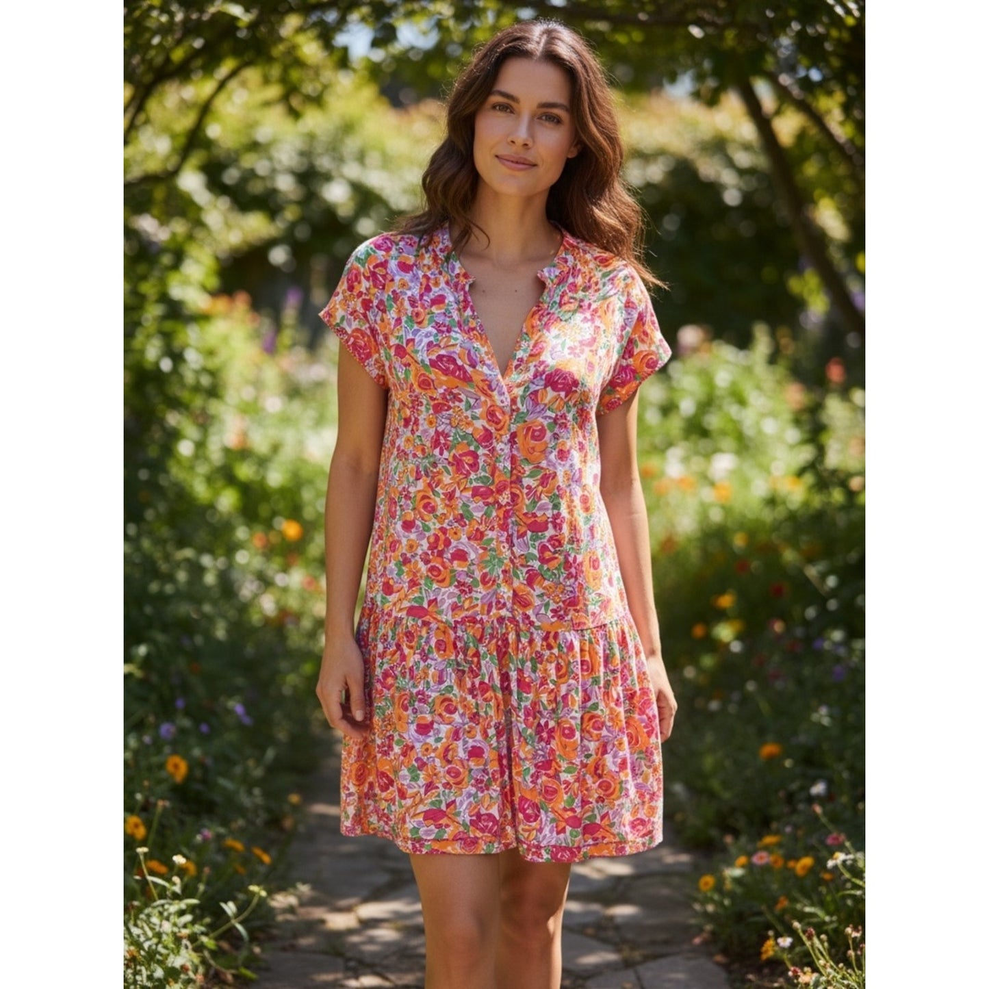 Poupette St. Barth Amora Mini Dress Orange Rose Floral NWT Large Button Front