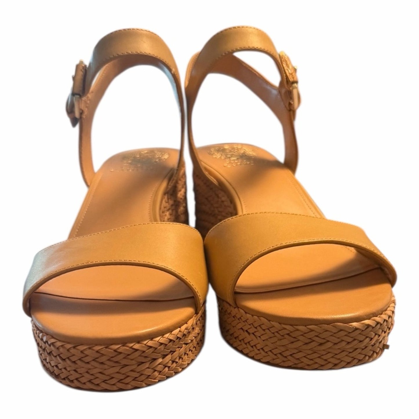 Vince Camuto Ranneli Platform Sandals 9.5 Sandstone Leather Woven Heel NIB
