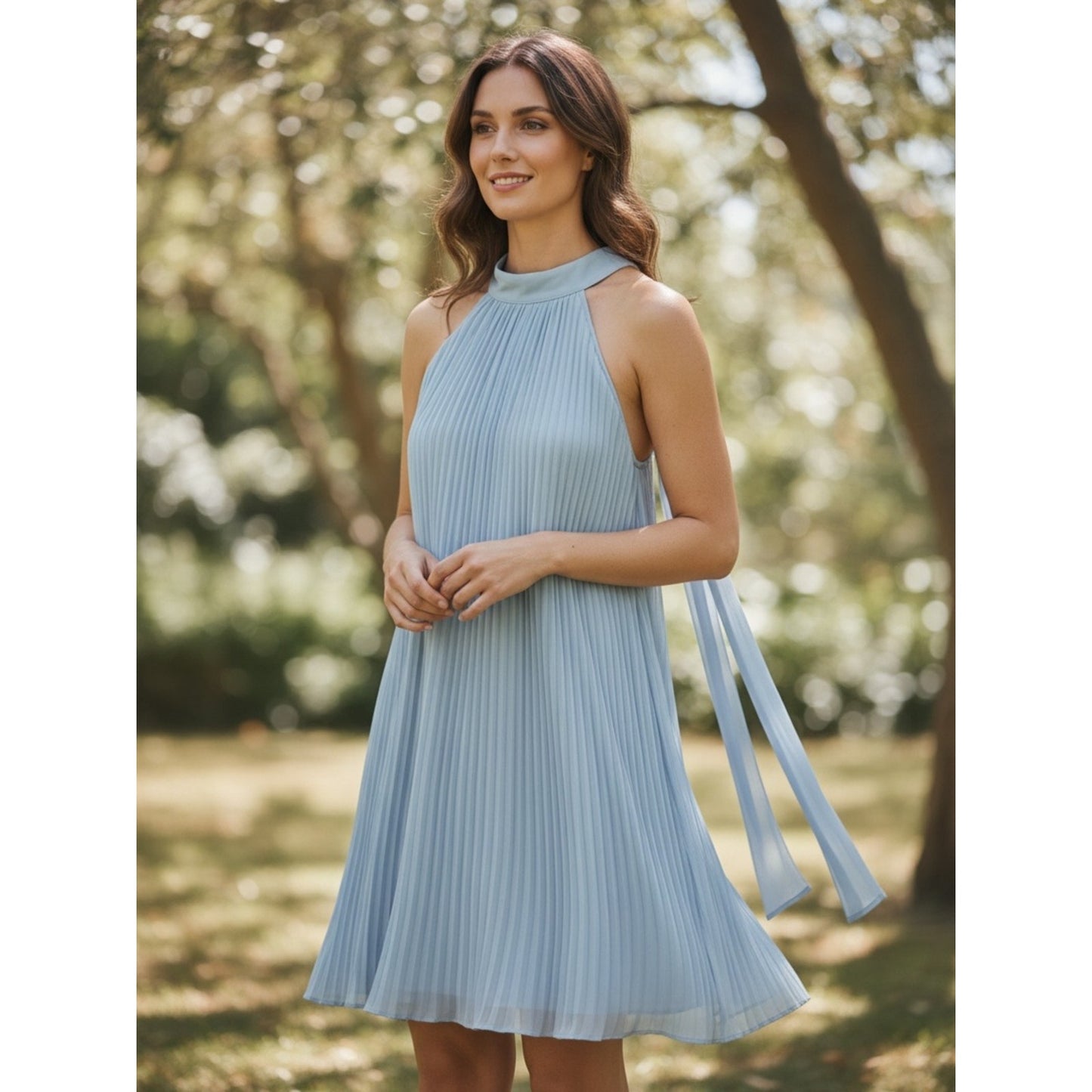 NWT Hermoza Corinne Pleated Halter Shift Dress | Blue Moon | Medium | MSRP $258