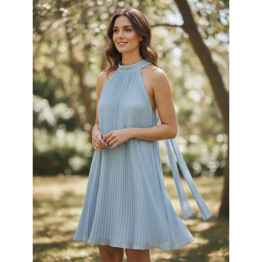 NWT Hermoza Corinne Pleated Halter Shift Dress | Blue Moon | Medium | MSRP $258