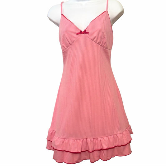 Pink Ribbed Ruffle Hem Mini Dress Cami Slip Coquette Y2K Size M