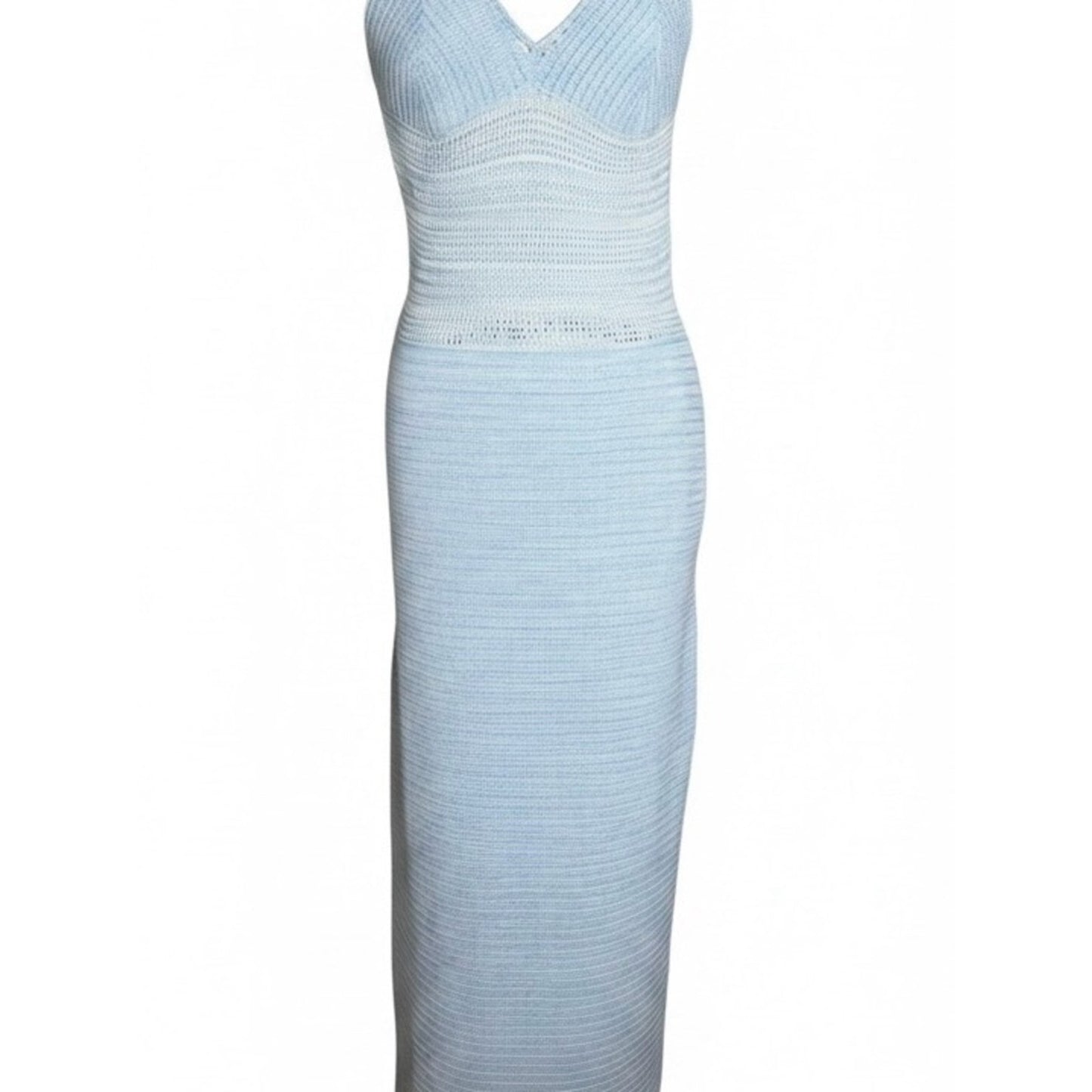 Torn by Ronny Kobo Madi Crochet Knit Maxi Dress Light Sky / White NWT Size L