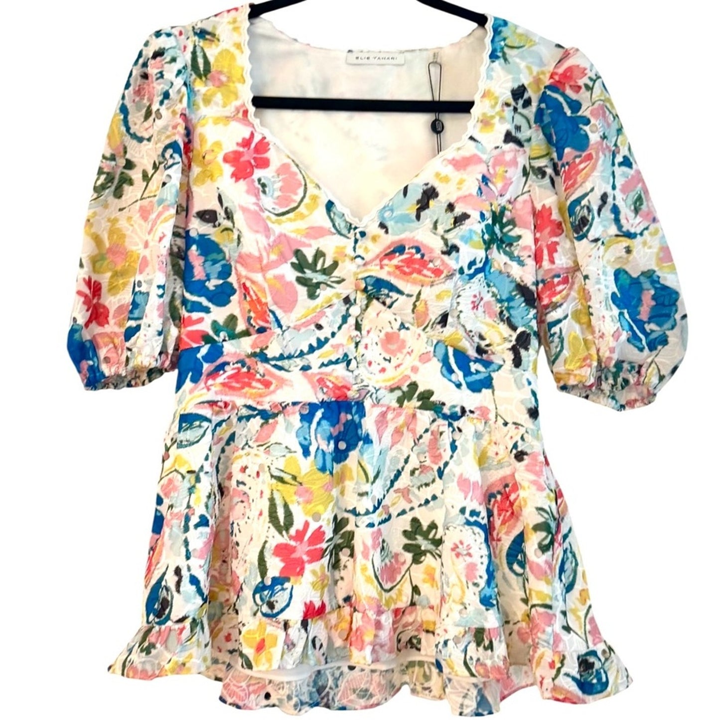 Elie Tahari Romantic Floral Eyelet Peplum Puff Sleeve Designer Top NWT Size 10