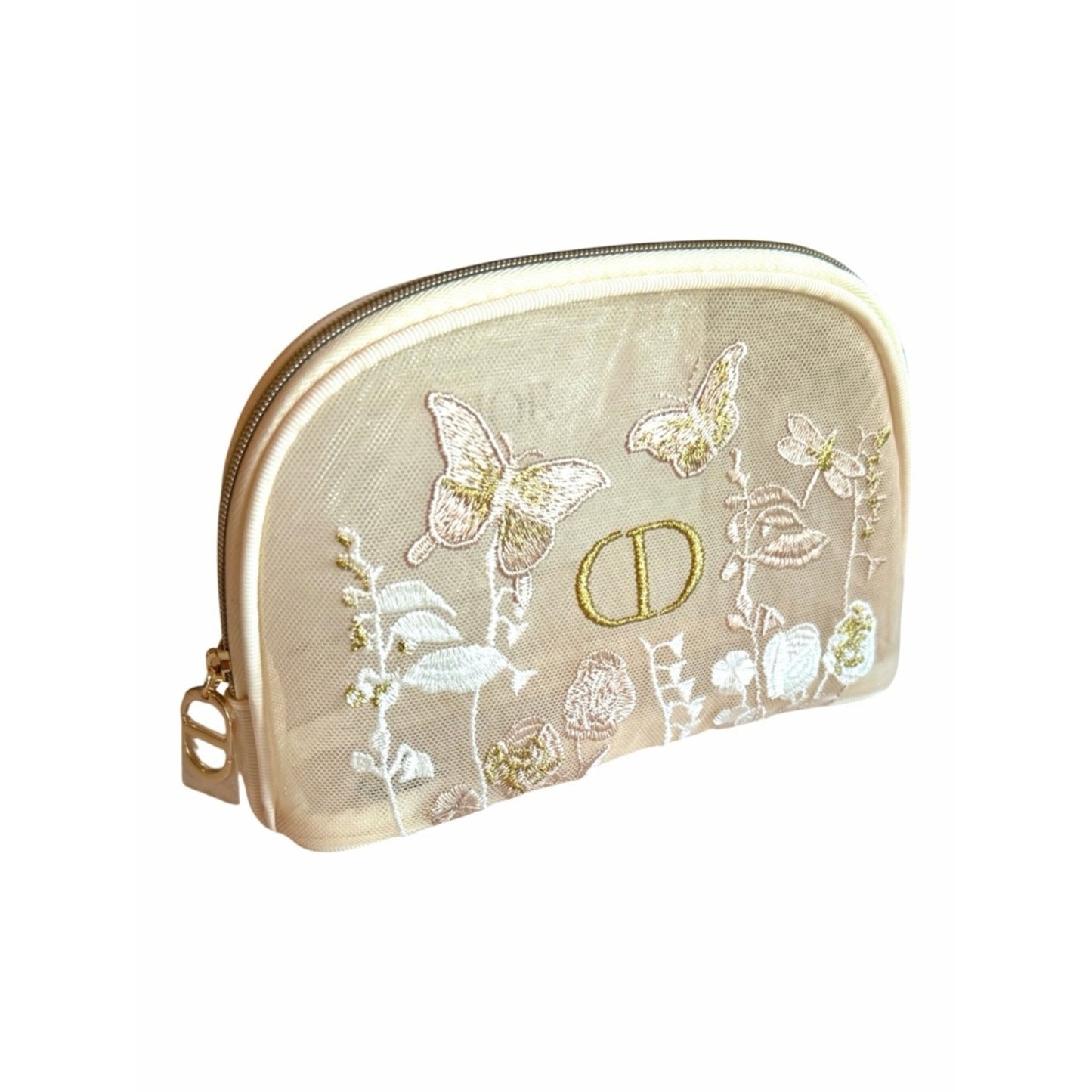 Authentic Dior butterfly embroidered cosmetic  mesh pouch w/Gold Logo NIB