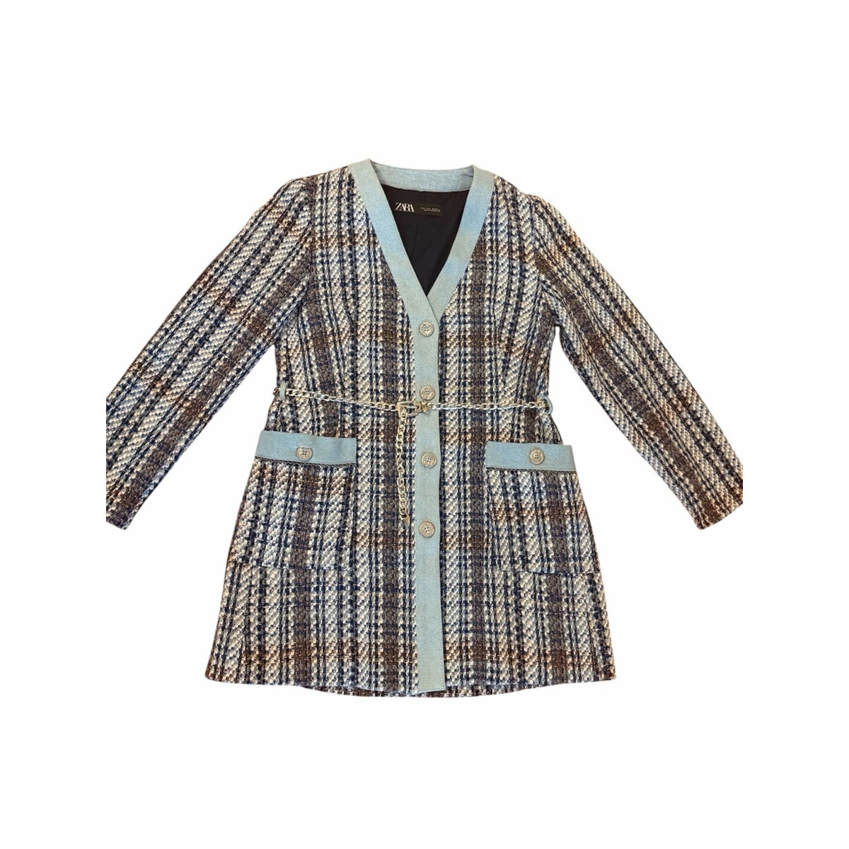 Zara Tweed &  Denim Chain Belted Longline Blazer Dress Size L EUC