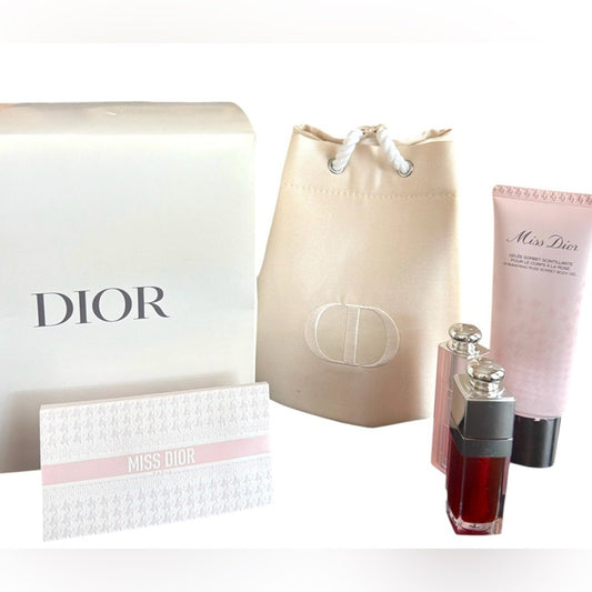 Dior Gift Set w/ Cosmetic Bag Pouch -Lip Glow Oil -Balm &  Sorbet Perfume