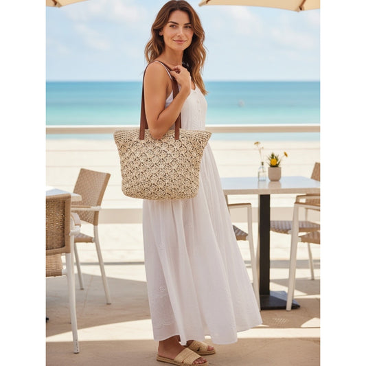 NWT BTB Los Angeles Raffia Woven Tote Bag Leather Straps Zip Top Beach Resort