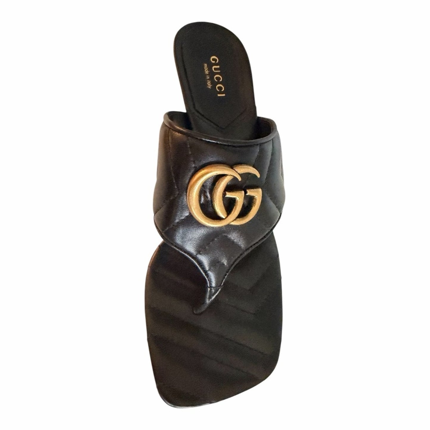 Authentic Gucci GG Marmont Quilted Leather Thong Heel Sandals Black Gold Size 7