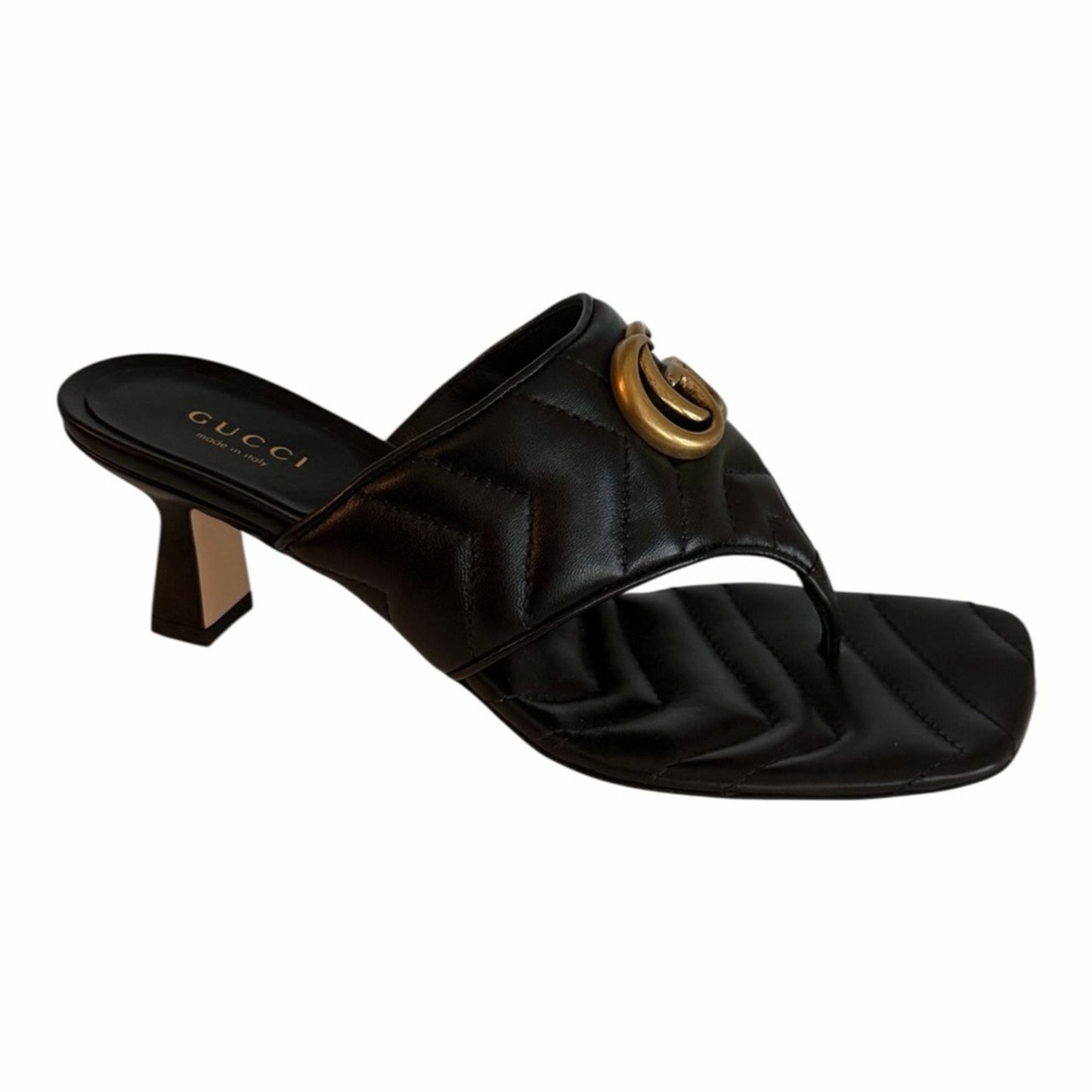 Authentic Gucci GG Marmont Quilted Leather Thong Heel Sandals Black Gold Size 7