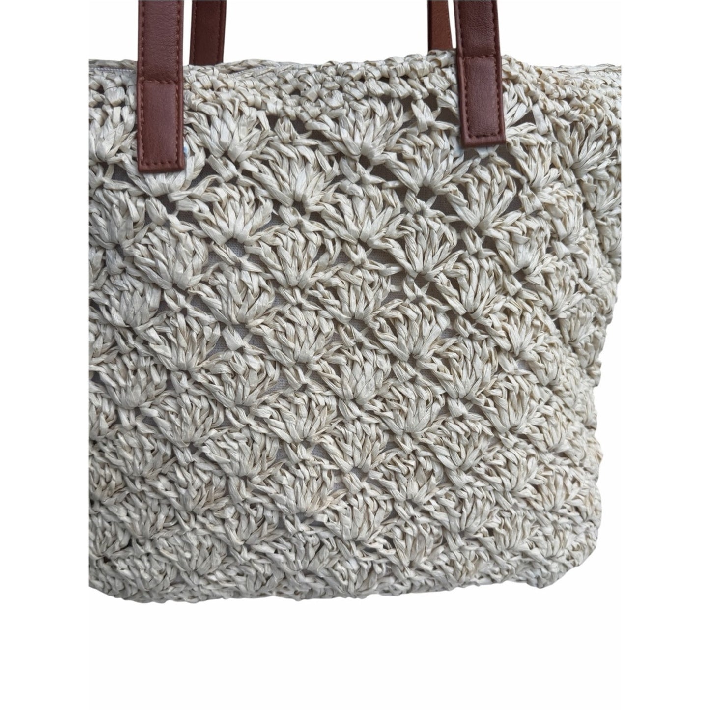 NWT BTB Los Angeles Raffia Woven Tote Bag Leather Straps Zip Top Beach Resort
