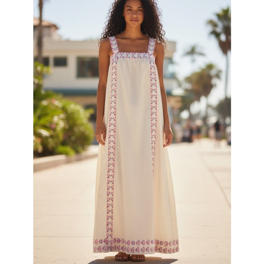 Hermoza Ava Maxi Dress L Ivory Floral Graceful Garlands Cotton 70s Sundress NWT