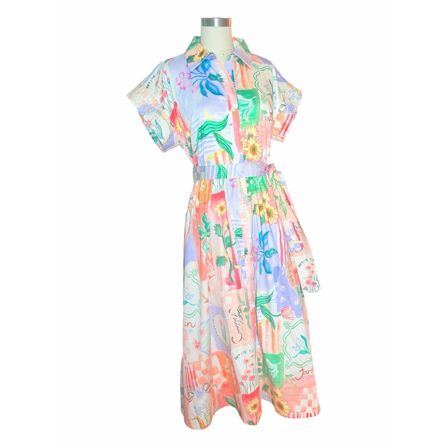 Prosperina Savannah Peach Multi Floral Cotton Midi Shirt Dress NWT M