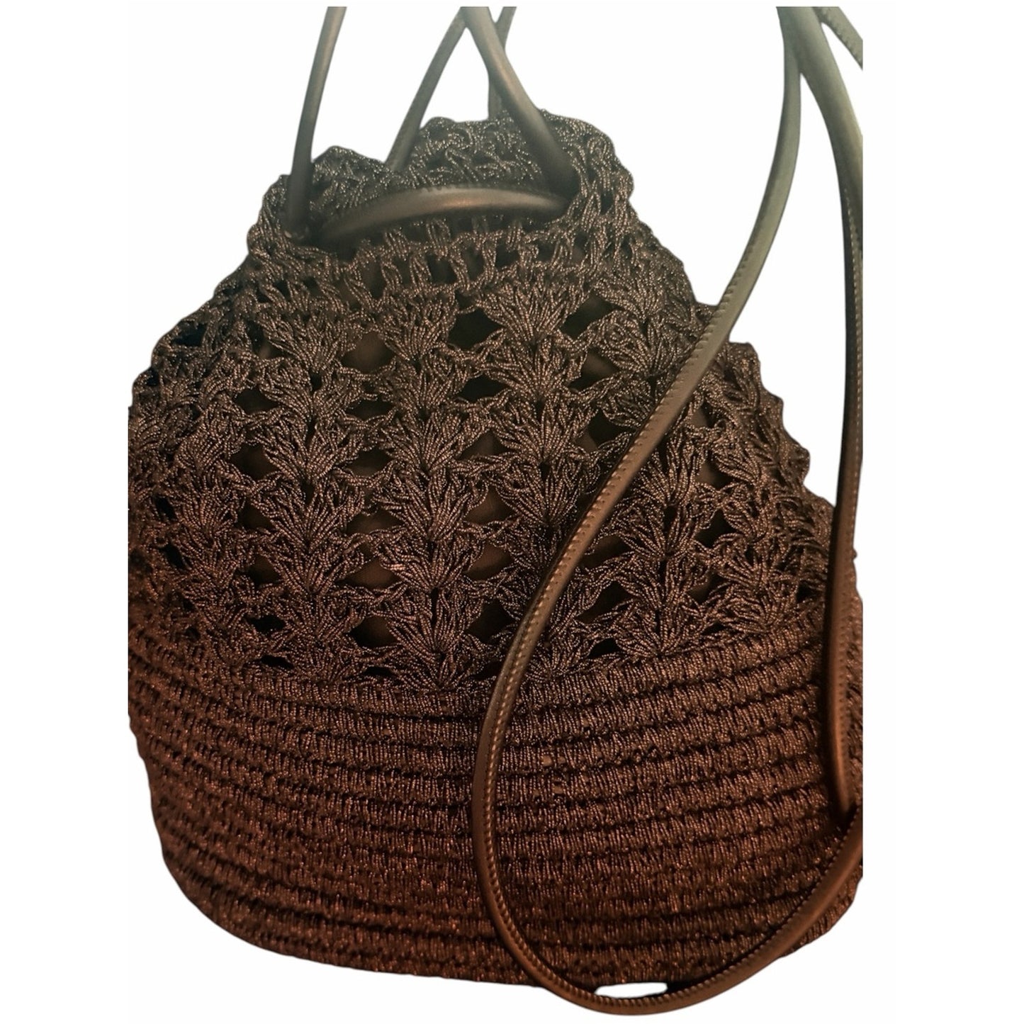 BTB Los Angeles Black Raffia Crochet Bucket Bag Lined Leather Strap Boho Tote