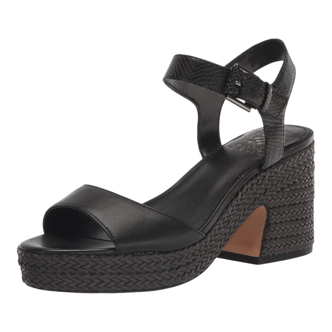 Vince Camuto Ranneli black block heel sandal  with woven bottoms