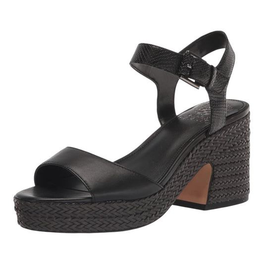 Vince Camuto Ranneli black block heel sandal  with woven bottoms