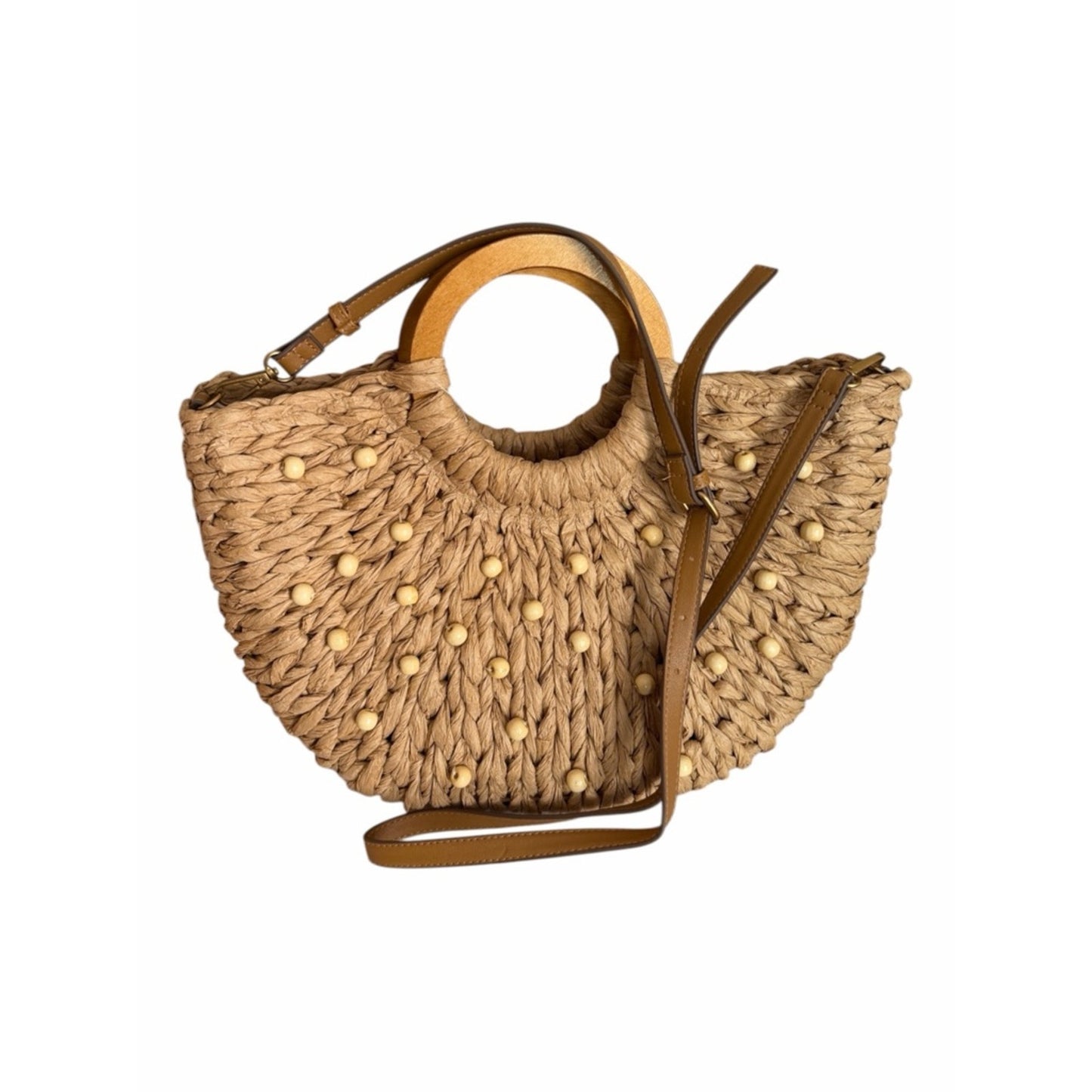 Style & Co Straw Beaded Tote Wooden Handle Crossbody Beach Boho Summer Bag