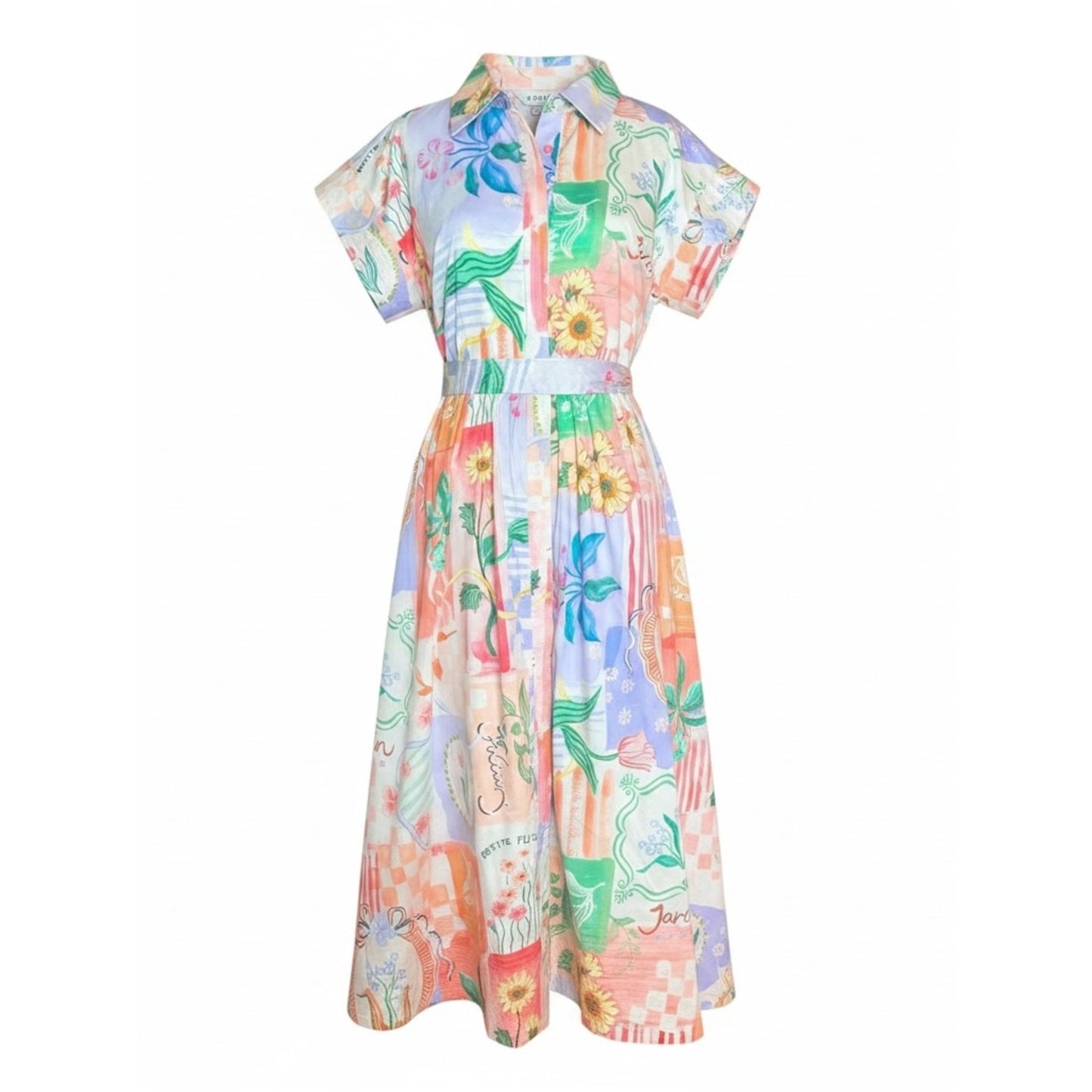 Prosperina Savannah Peach Multi Floral Cotton Midi Shirt Dress NWT M