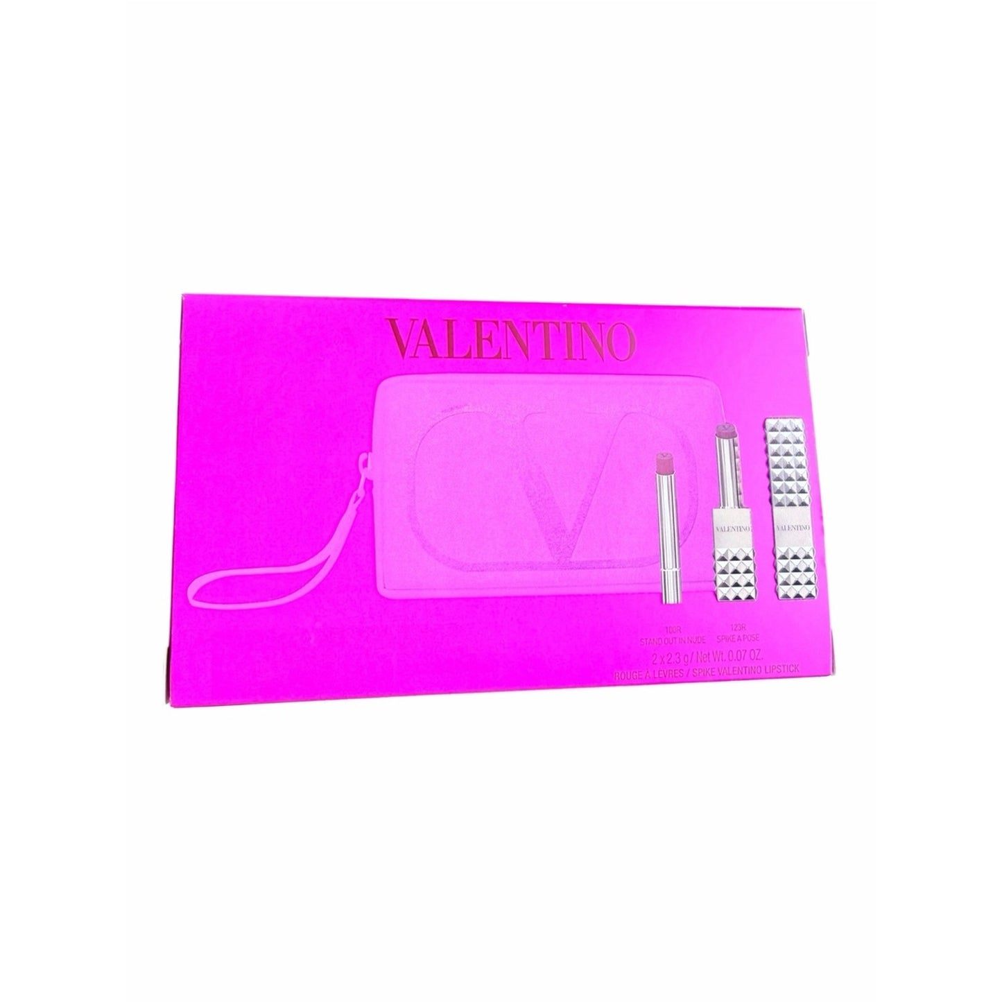 Valentino Spike Matte Lipstick 123R 100R Refill Pink VLogo Pouch Gift Set NIB