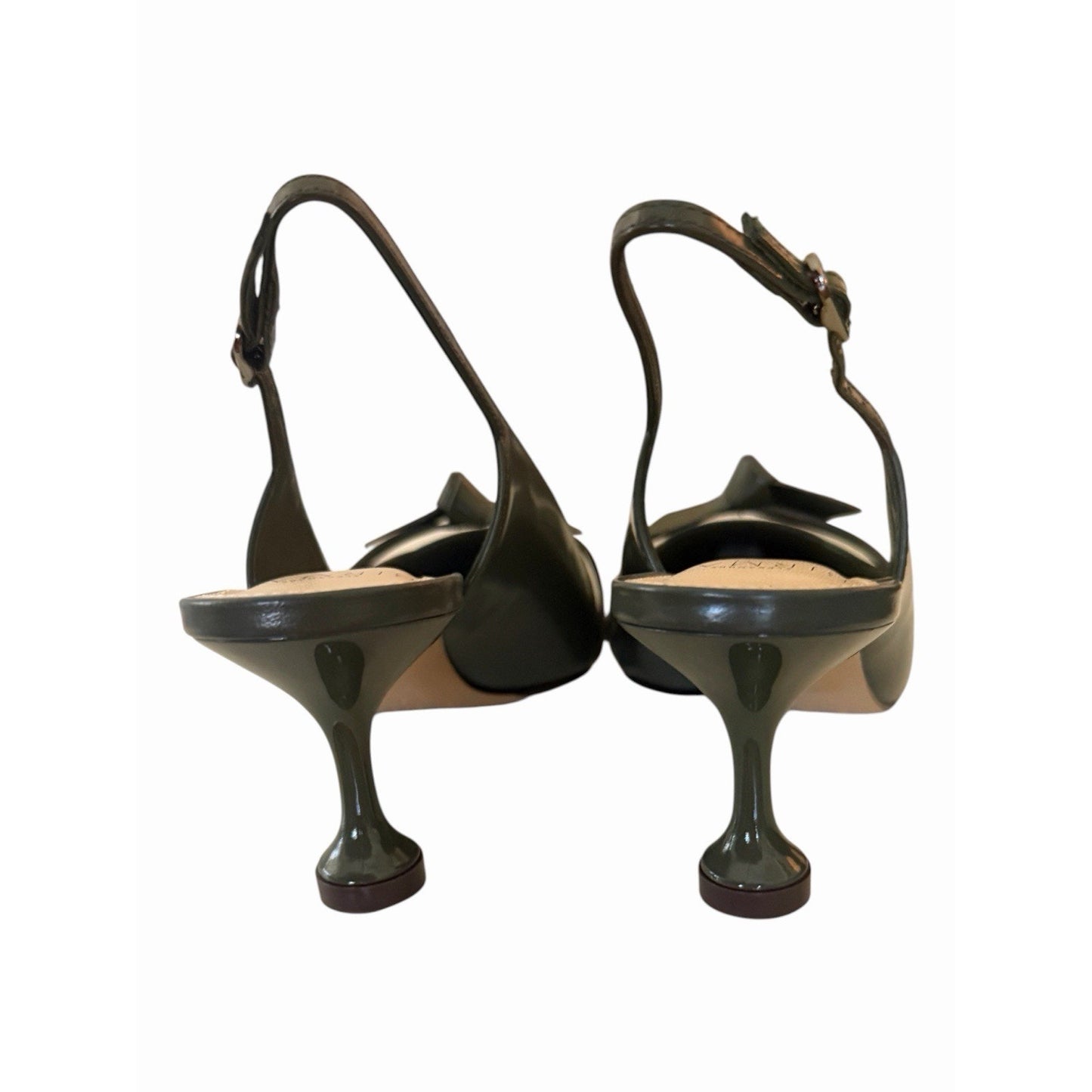 Alexandre Birman Slingback Pumps 37 Green Leather Bow Kitten Heel NIB