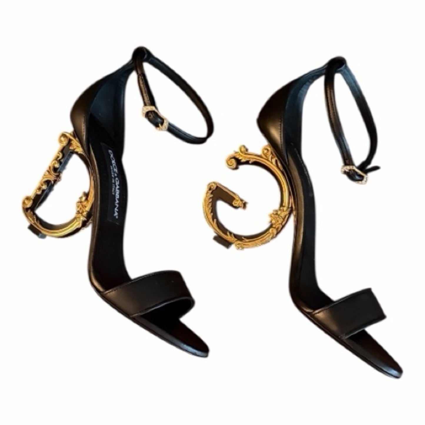 Dolce & Gabbana Black Leather Gold Logo Heel Sandals IT 38 NIB