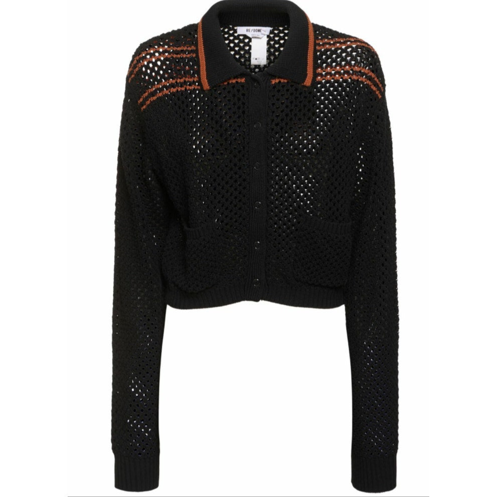 RE/DONE Black Crochet Mesh Polo Cardigan Women’s Size L
